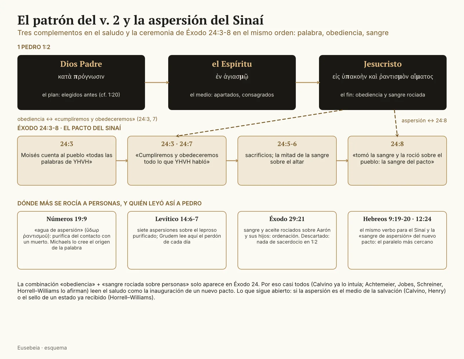 Diagrama en tres filas: arriba los tres complementos de 1 Pedro 1:2 (Dios Padre, el Espíritu, Jesucristo); en medio la secuencia de Éxodo 24:3-8 (palabras, promesa de obediencia, sangre sobre el altar, sangre rociada sobre el pueblo) con flechas desde obediencia y aspersión; abajo los otros ritos de aspersión sobre personas (Números 19, Levítico 14, Éxodo 29) y Hebreos 9 y 12