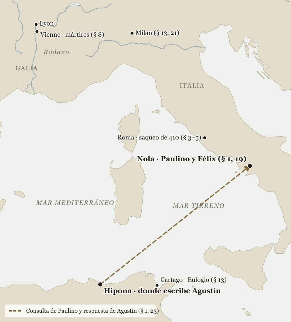 Mapa del Mediterráneo occidental. Una línea discontinua une Hipona, en la costa de África, con Nola, en Campania: la consulta de Paulino y la respuesta de Agustín (§ 1 y 23). Están marcados también Cartago, donde soñó el retórico Eulogio (§ 13); Roma, saqueada en 410 (§ 3–5); Milán (§ 13 y 21), y Lyon y Vienne, a orillas del Ródano, donde murieron los mártires del § 8