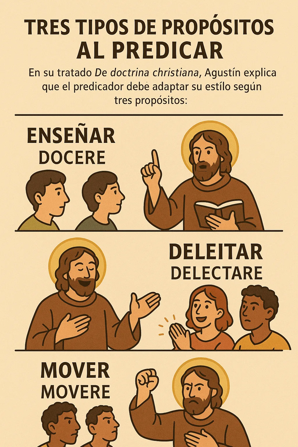 Esquema de los tres propósitos al predicar: enseñar (docere), deleitar (delectare) y mover (movere)