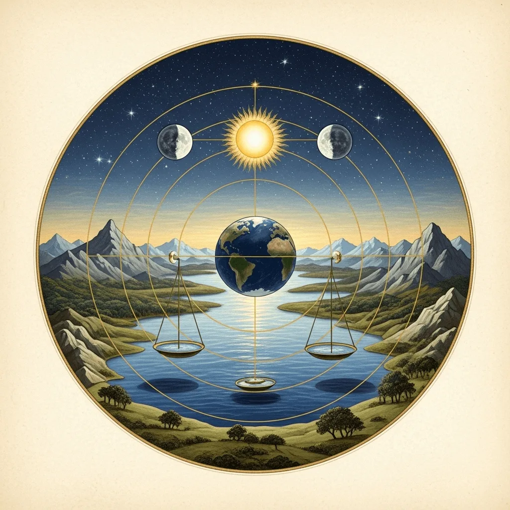 Recreación moderna, de estilo medieval, del cosmos ordenado: sol, luna y tierra en esferas concéntricas.