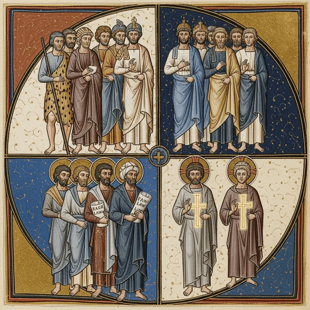 Recreación moderna, de estilo medieval, de las cuatro razas de la humanidad según Aristides.