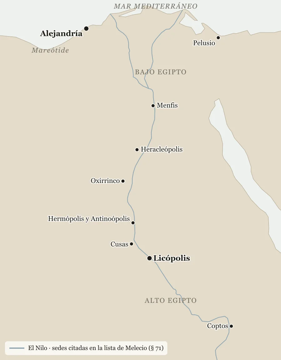 Mapa del Egipto antiguo a lo largo del Nilo, de Alejandría y el Delta al norte hasta Coptos al sur, con las sedes citadas en la lista de Melecio y la Mareótide junto a Alejandría