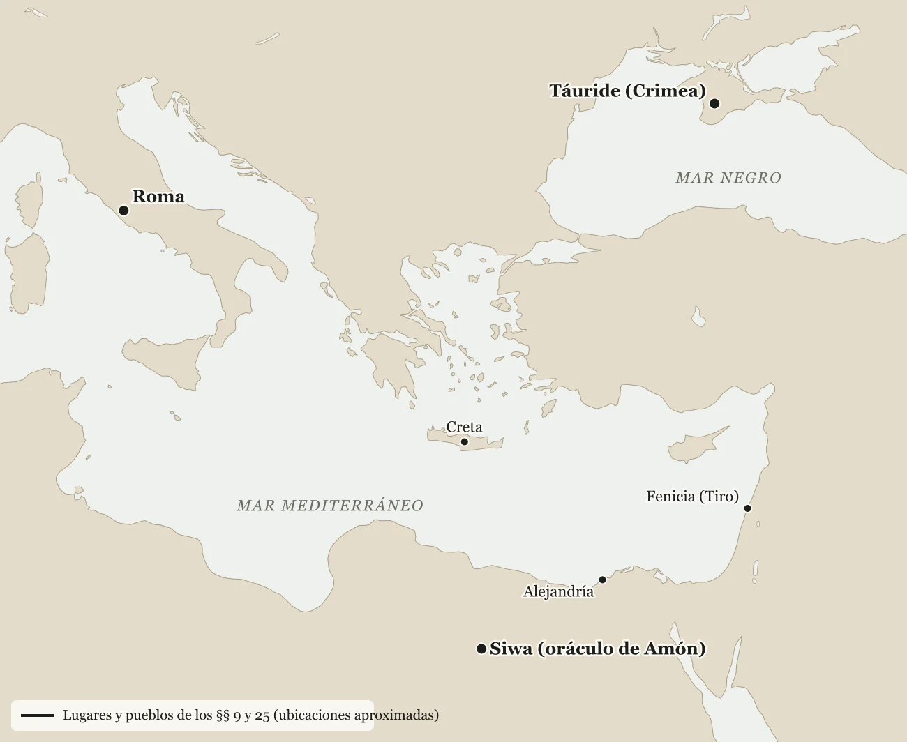 Mapa del Mediterráneo oriental y el mar Negro con Roma, Creta, Alejandría, Fenicia (Tiro), el oráculo de Amón en Siwa y la Táuride, en Crimea