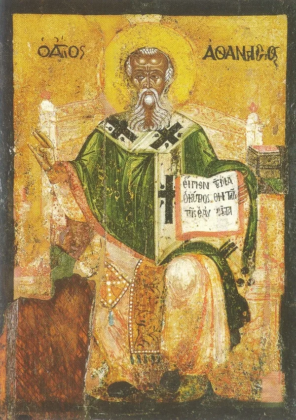 Icono bizantino de Atanasio de Alejandría entronizado, con vestiduras episcopales y un libro abierto con texto griego