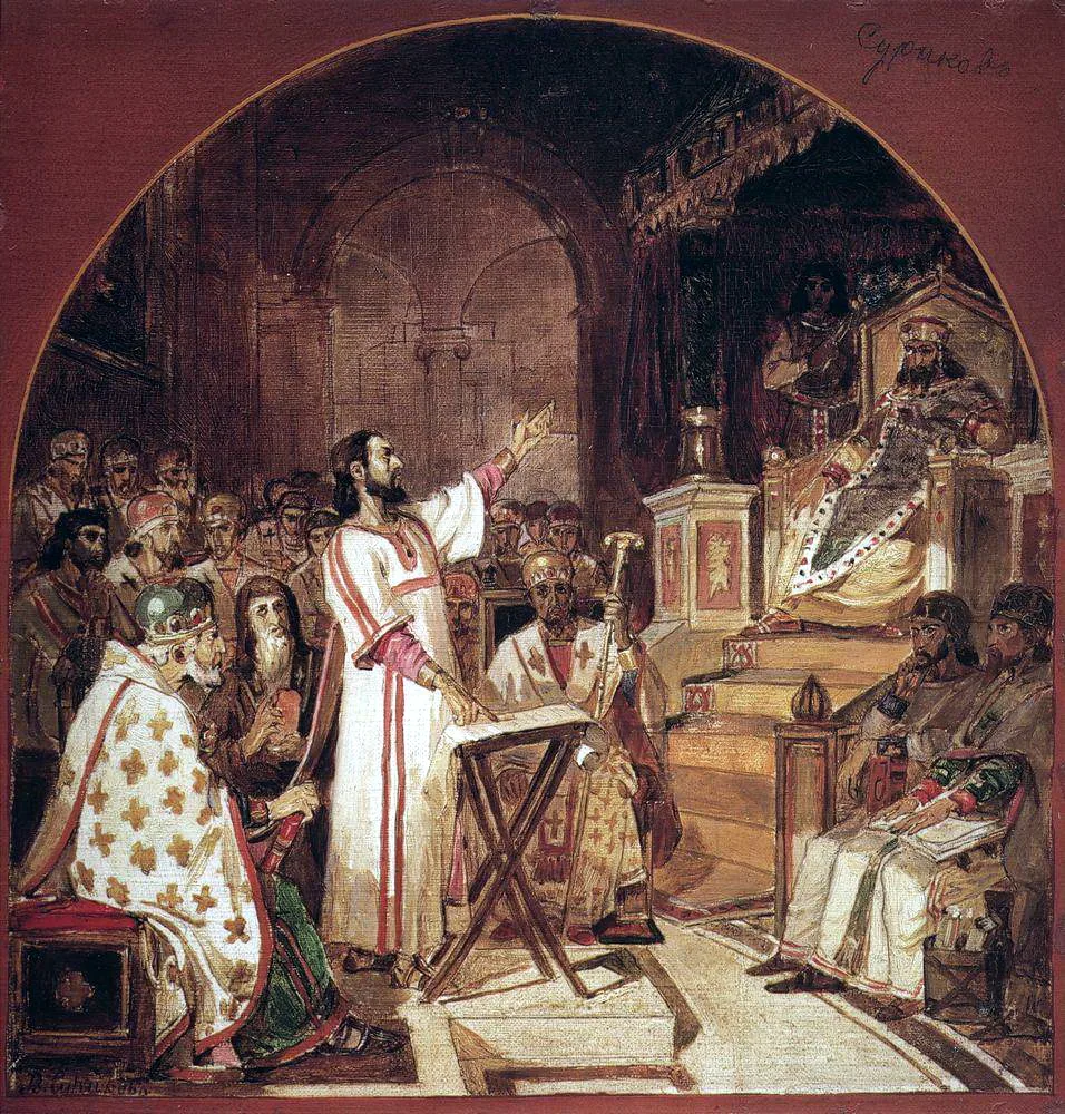 Pintura del Primer Concilio de Nicea: los obispos reunidos en asamblea con el emperador presidiendo