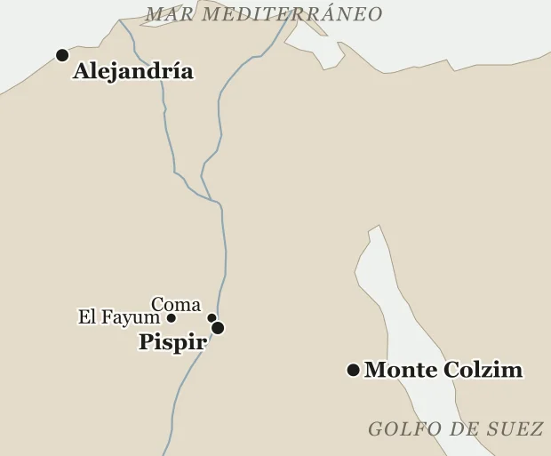 Mapa del norte de Egipto con el Nilo y su delta: Alejandría al noroeste, Coma, Pispir y el Fayum juntos junto al Nilo, y el monte Colzim al este, cerca del golfo de Suez