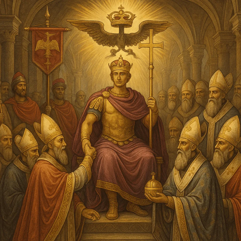Ilustración del emperador Constantino convocando el Concilio de Nicea, mostrando la intersección entre el poder imperial y la autoridad eclesiástica