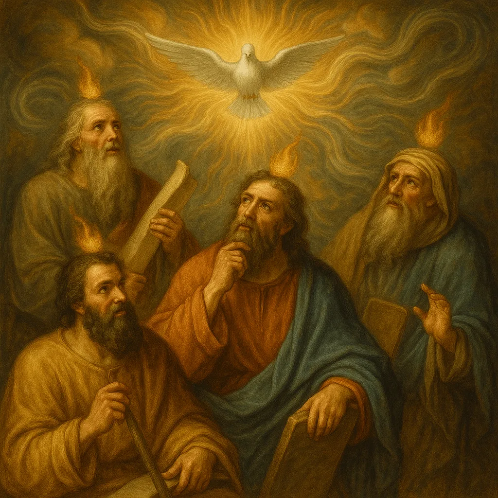 Ilustración del Espíritu Santo inspirando a los profetas del Antiguo Testamento, con símbolos de fuego y viento divinos