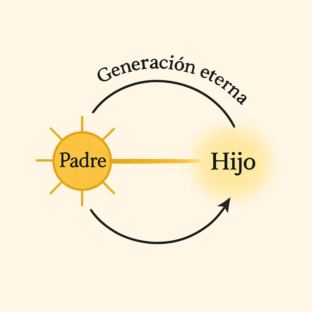 Diagrama ilustrando la generación eterna del Hijo desde el Padre, usando la analogía del sol y su resplandor