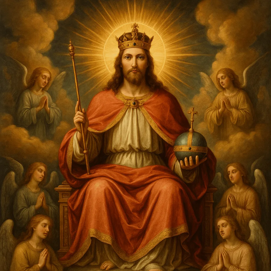 Representación artística de Cristo viniendo en gloria como juez, con símbolos de majestad divina
