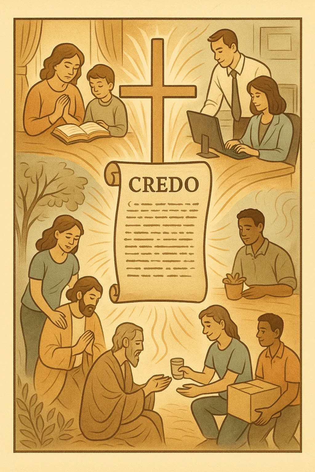 Ilustración de cristianos viviendo su fe en diversos contextos: familia, trabajo, servicio comunitario, todos unidos por el Credo