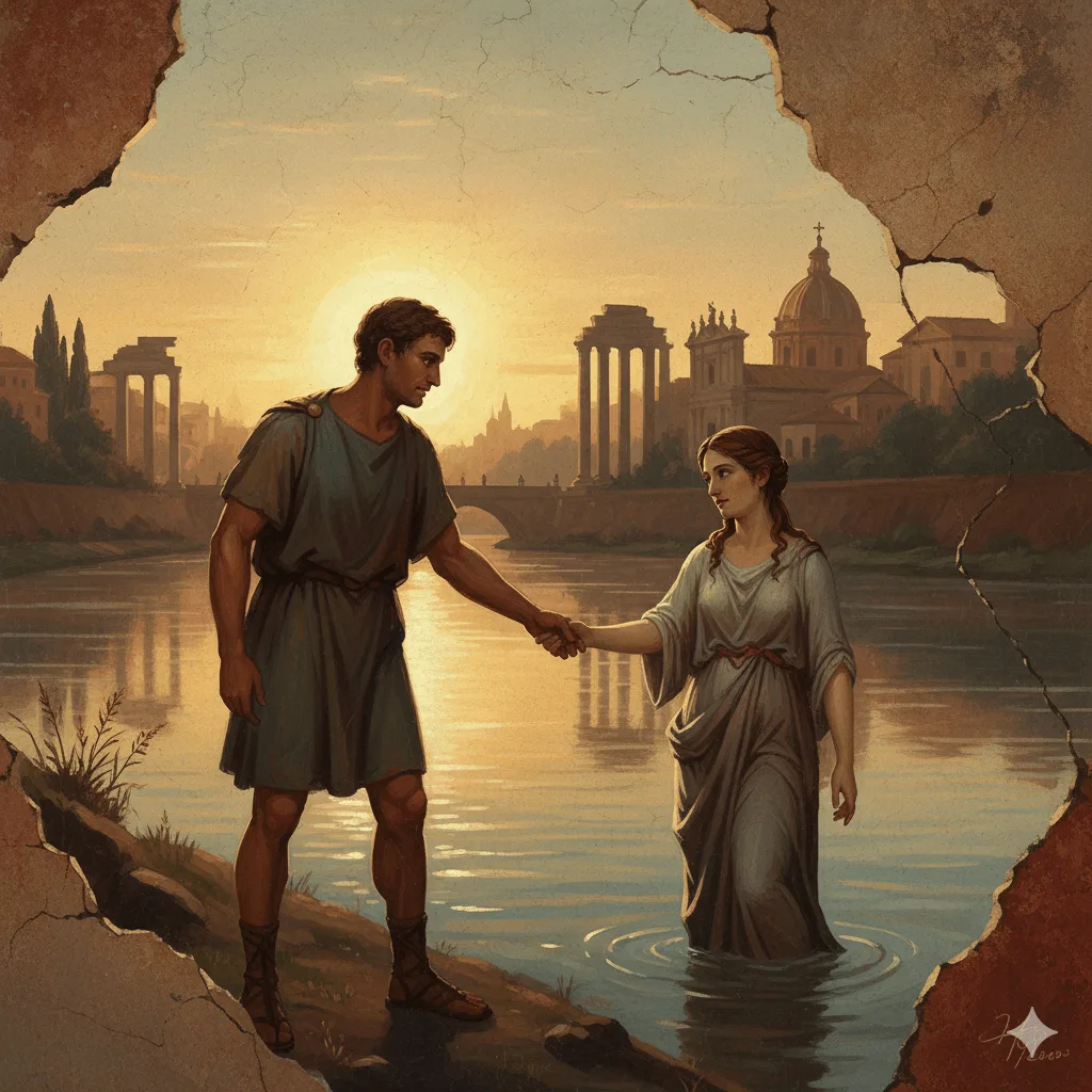 Hermas ayuda a Roda a salir del río. Recreación moderna.