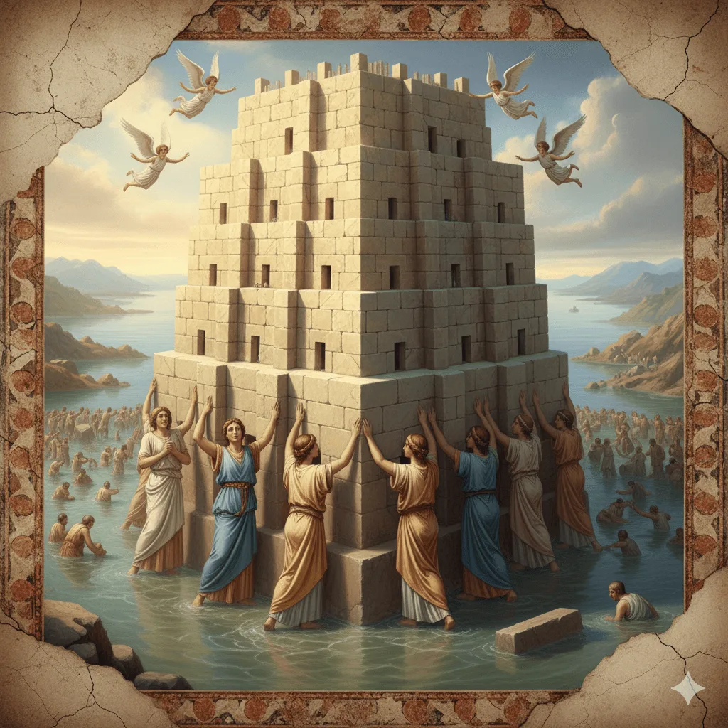 Las siete mujeres que sostienen la torre. Recreación moderna.