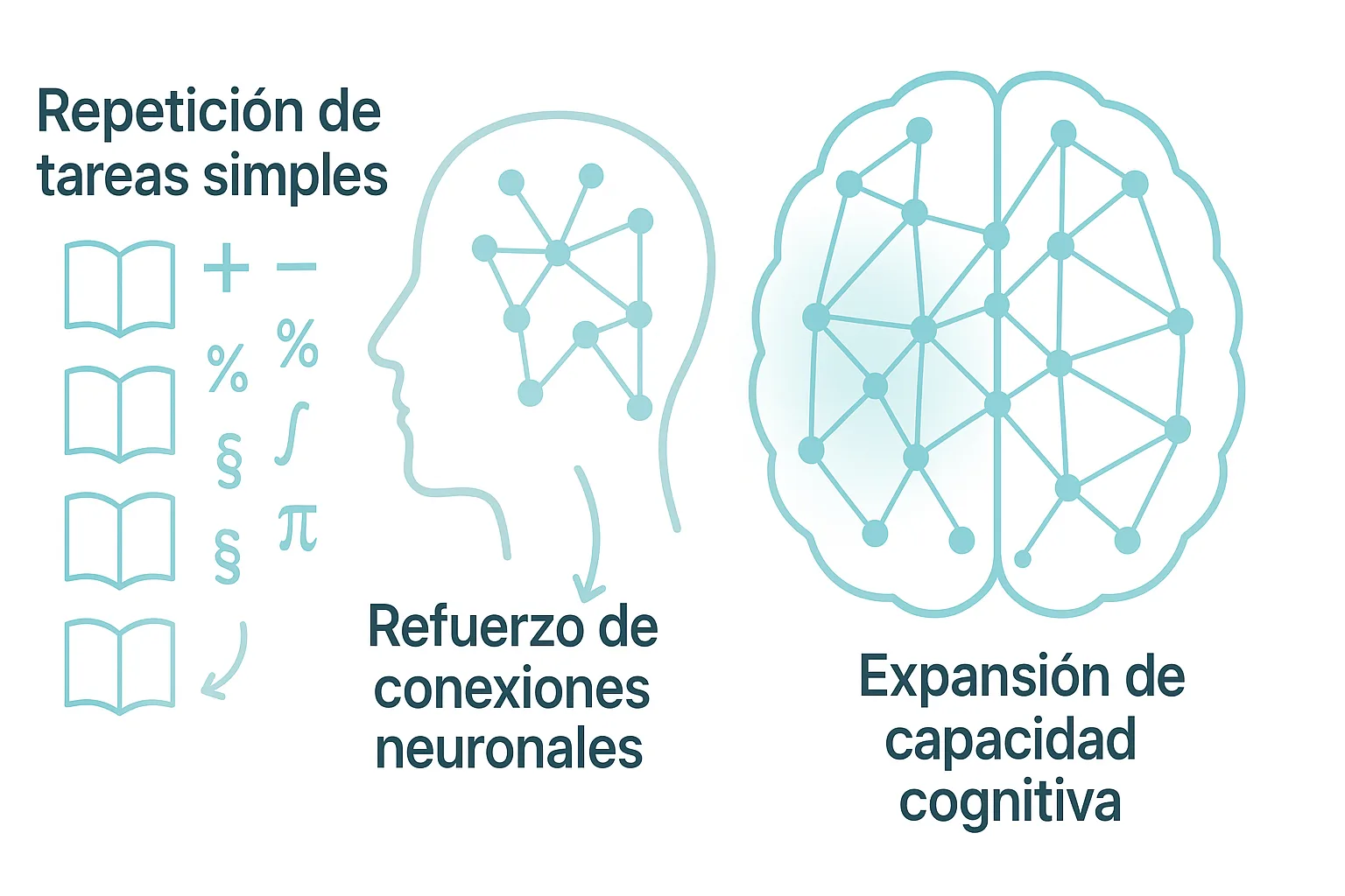 Diagrama mostrando cómo la repetición de tareas simples (libros, mates) fortalece las conexiones neuronales y expande la capacidad cognitiva (cerebro más grande).
