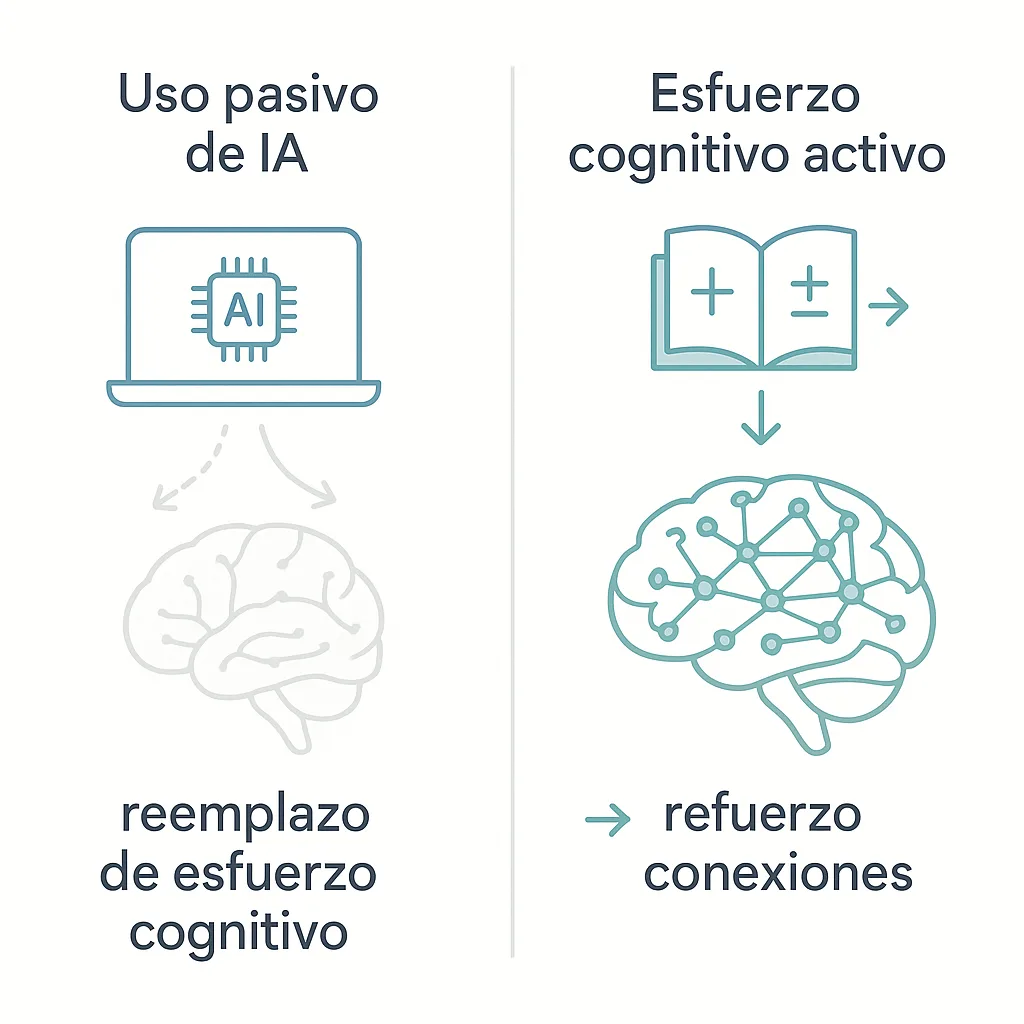 Diagrama contrastante mostrando cómo el uso pasivo de IA (laptop) puede reemplazar el esfuerzo cognitivo, sin el mismo desarrollo cerebral.
