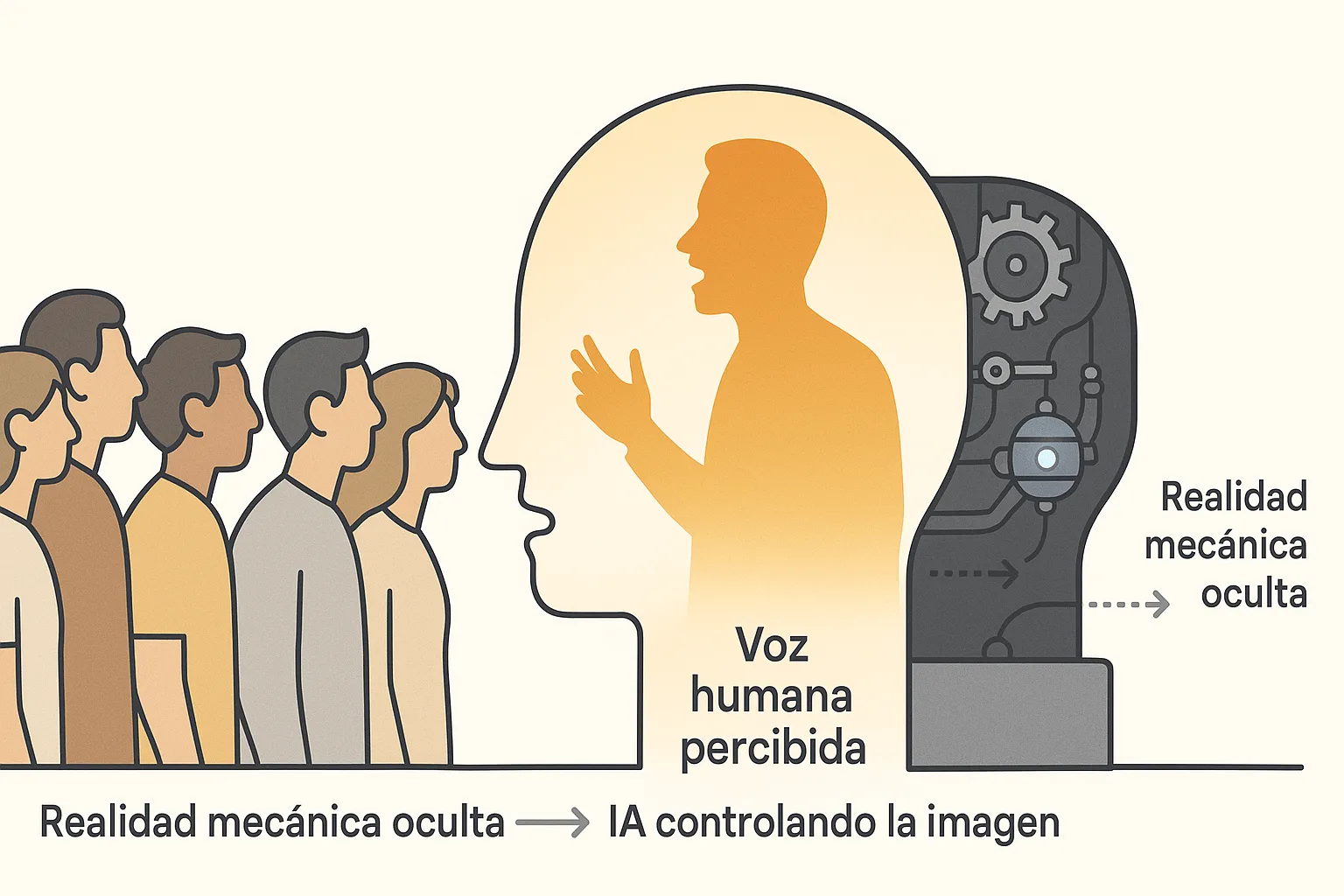 Un grupo mira en una pantalla a una figura humana que habla; detrás, un autómata la controla