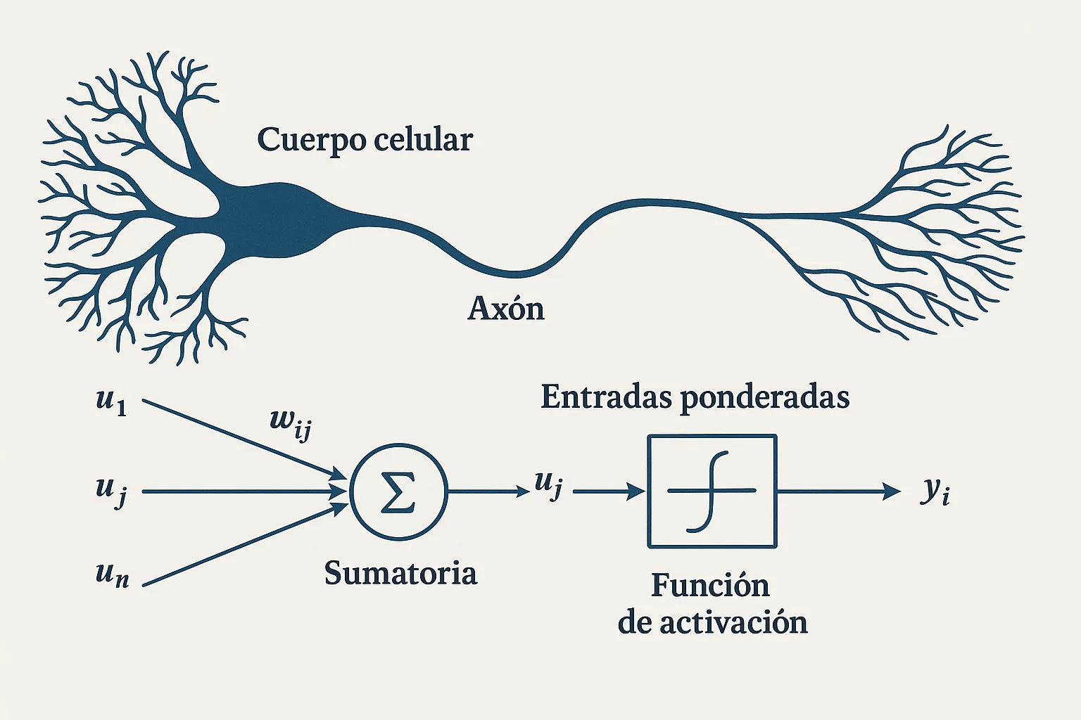 Esquema simplificado de una neurona artificial mostrando entradas, procesamiento y salida.
