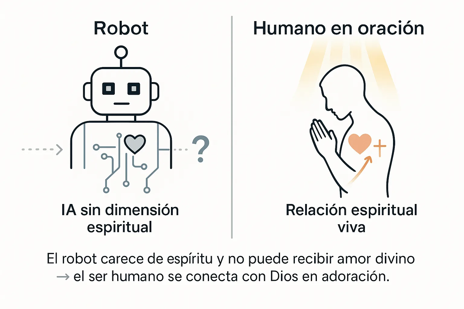 Comparativa visual entre un robot y una silueta humana en actitud de oración, señalando la imposibilidad de la IA de relacionarse espiritualmente.