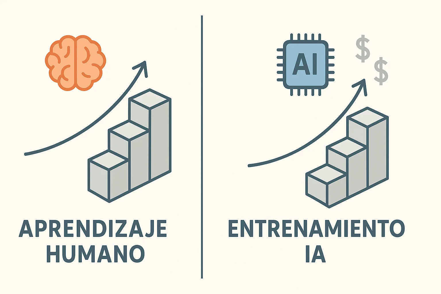 Comparación del proceso de aprendizaje humano (cerebro) y entrenamiento IA (chip), mostrando crecimiento escalonado.