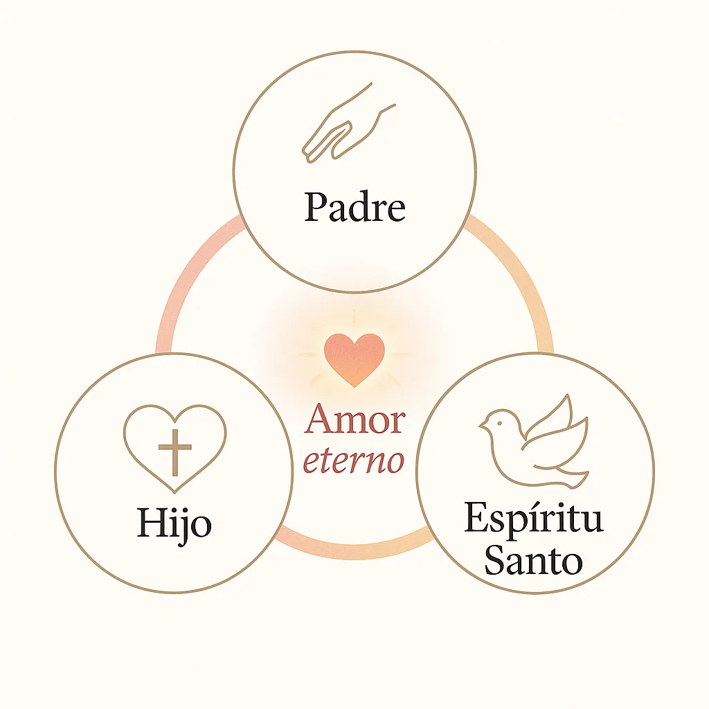 Diagrama de la Trinidad mostrando el flujo de amor entre el Padre, el Hijo y el Espíritu Santo como fuente eterna de relación.