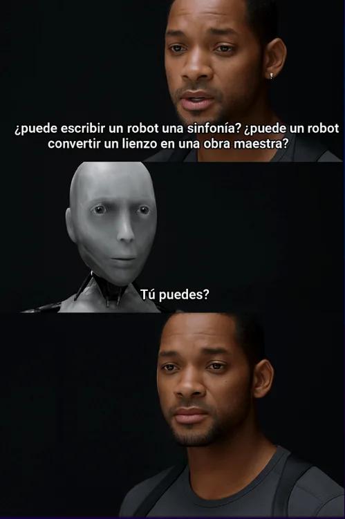 Tres paneles: Will Smith mirando interrogativamente, un robot humanoide (Sonny), y Will Smith mirando pensativo.