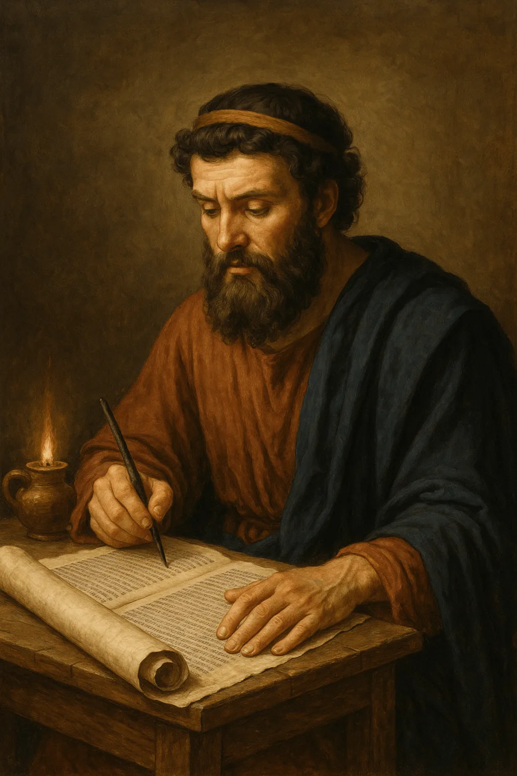 Representación de Justino estudiando los textos sagrados