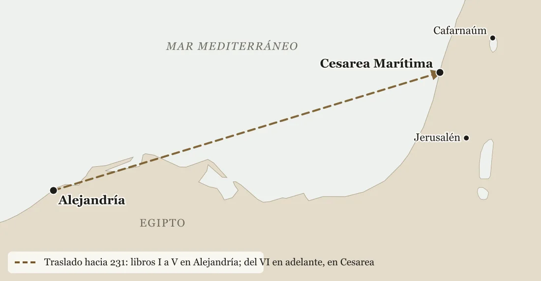 Mapa del Mediterráneo oriental con la costa de Egipto y de Palestina. Una línea discontinua une Alejandría, en el delta del Nilo, con Cesarea Marítima, en la costa de Palestina. Más al interior están marcadas Jerusalén y Cafarnaúm, junto al mar de Galilea