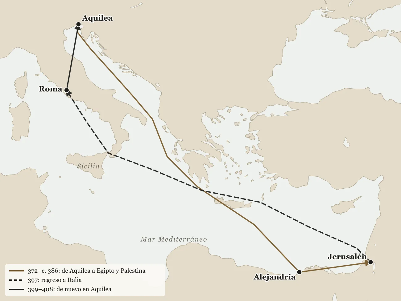 Mapa del Mediterráneo con los lugares de la vida de Rufino y tres itinerarios: de Aquilea a Alejandría y Jerusalén, de Jerusalén a Roma en 397 y de Roma a Aquilea en 399