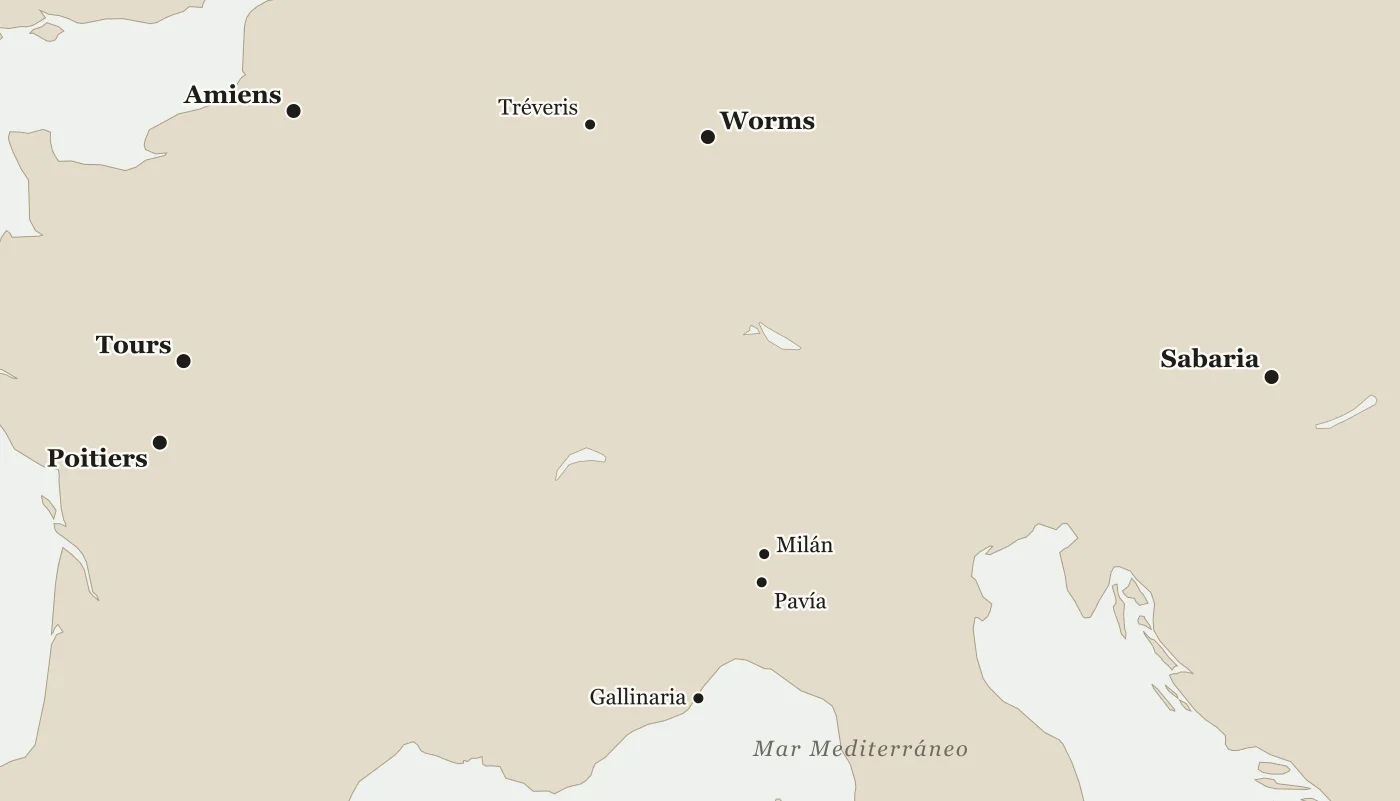 Mapa de la Galia, el norte de Italia y Panonia con Sabaria, Pavía, Milán, Gallinaria, Amiens, Worms, Tréveris, Poitiers y Tours