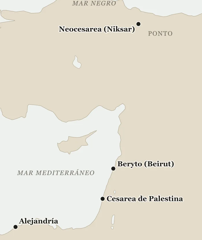 Mapa del Mediterráneo oriental con Neocesarea, en el Ponto, Beryto, Cesarea de Palestina y Alejandría