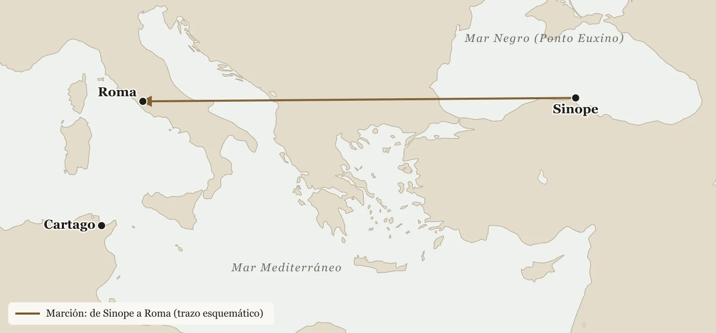 Mapa del Mediterráneo y el mar Negro con Sinope, en la costa sur del mar Negro, Roma y Cartago, y una flecha desde Sinope a Roma