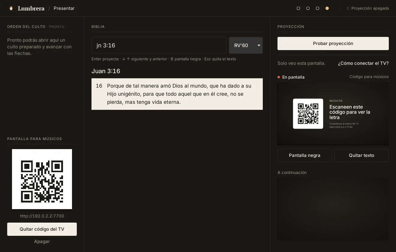 Pantalla Presentar con Juan 3:16 buscado como «jn 3:16», listo para mostrar en el TV