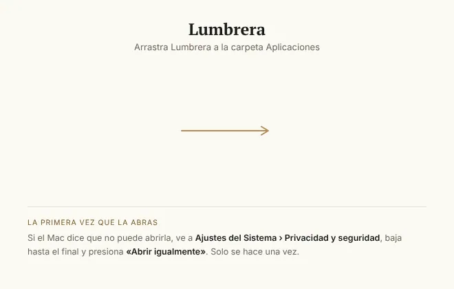 Ventana del instalador de Mac: el ícono de Lumbrera y la carpeta Aplicaciones, con una flecha para arrastrar
